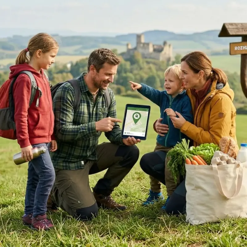 Rodina s dětmi na výletě s tabletem a mapou Explorio
